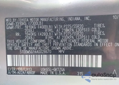 2010 Toyota Sequoia Platinum 5.7L V8 z USA, uszkodzony, nr VIN 5TDDW5G14AS028670